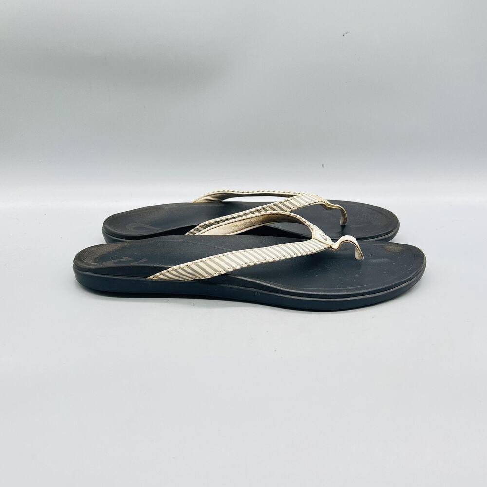OluKai Sandals Womens 9 Black Synthetic Striped Thong Flip Flop Comfort Shoes